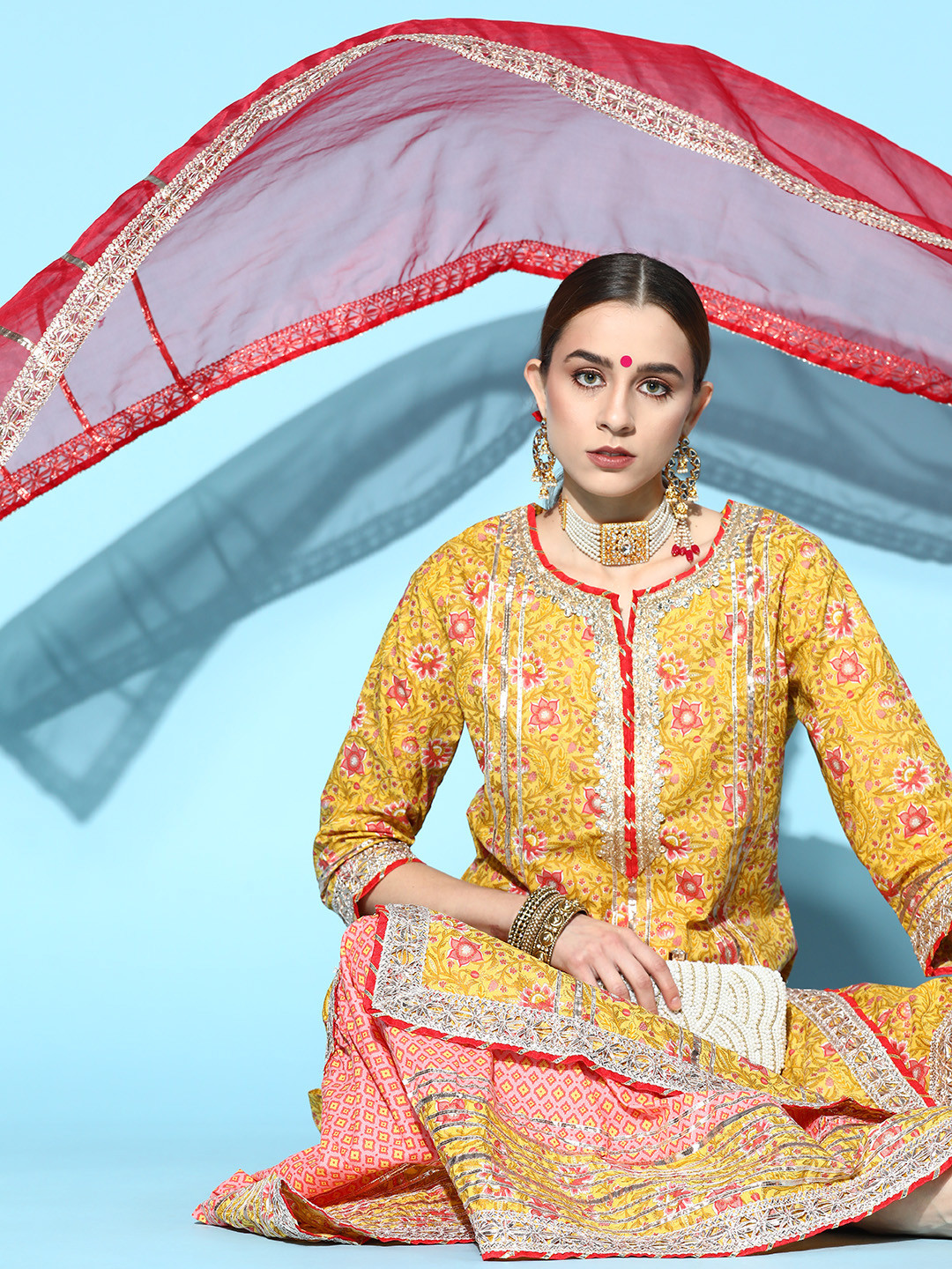 

Ishin Floral Pure Cotton Sharara Set, Yellow