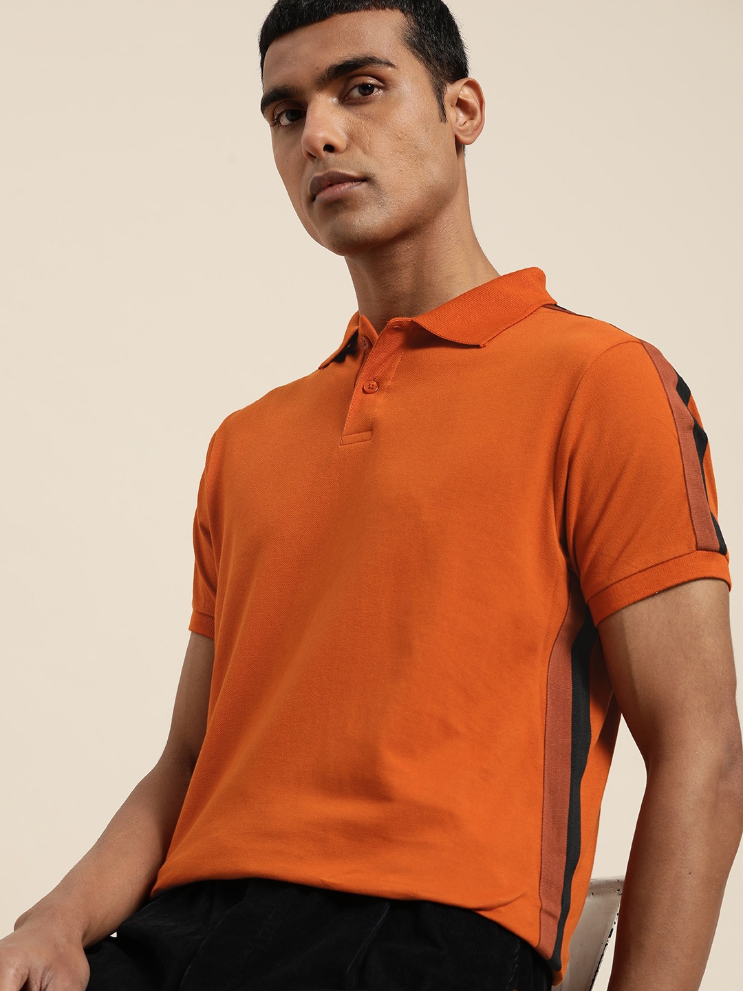 

ether Men Rust Orange Pure Cotton Solid Polo Collar T-shirt