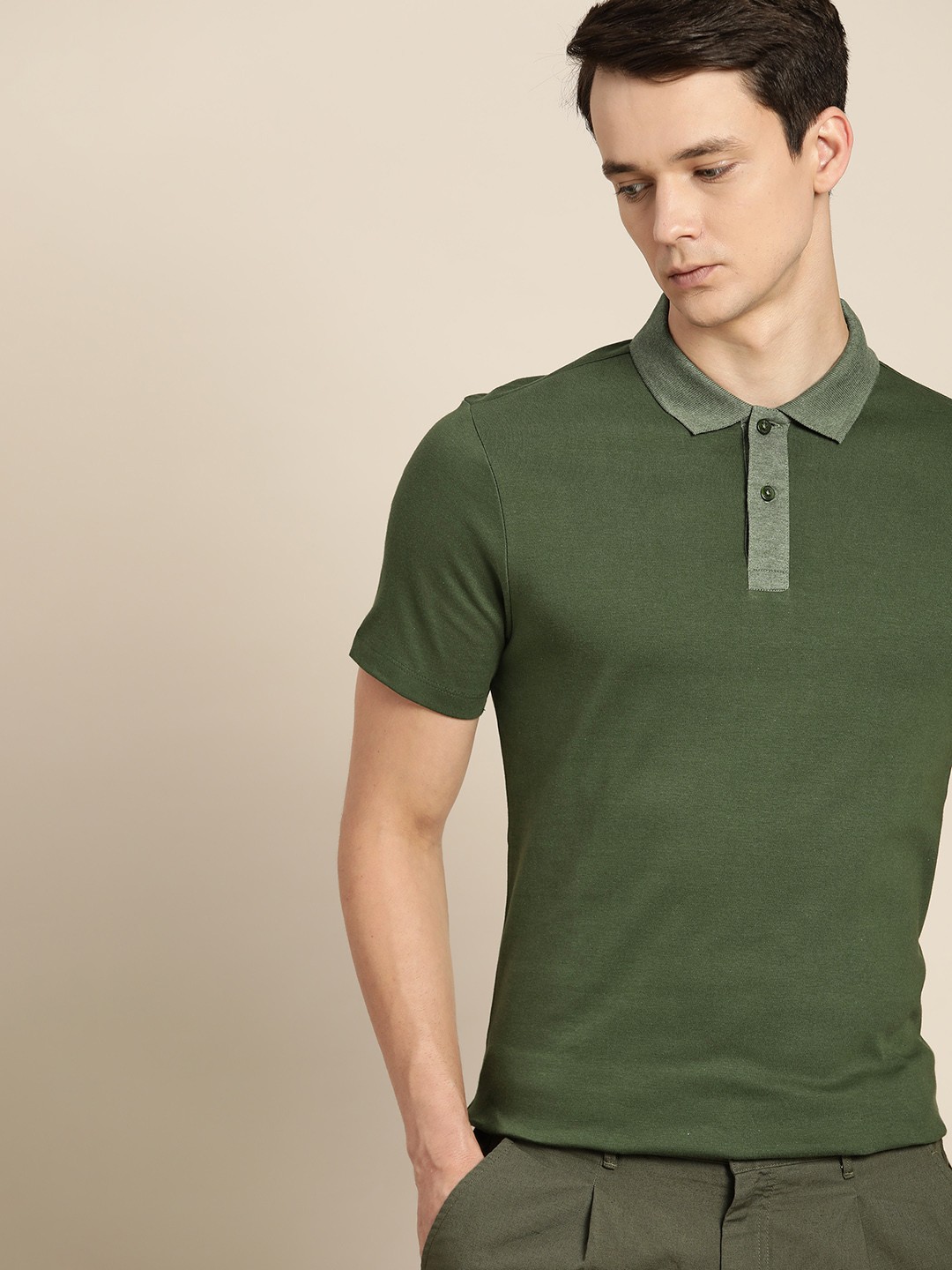 

ether Men Olive Green Polo Collar Pure Cotton T-shirt