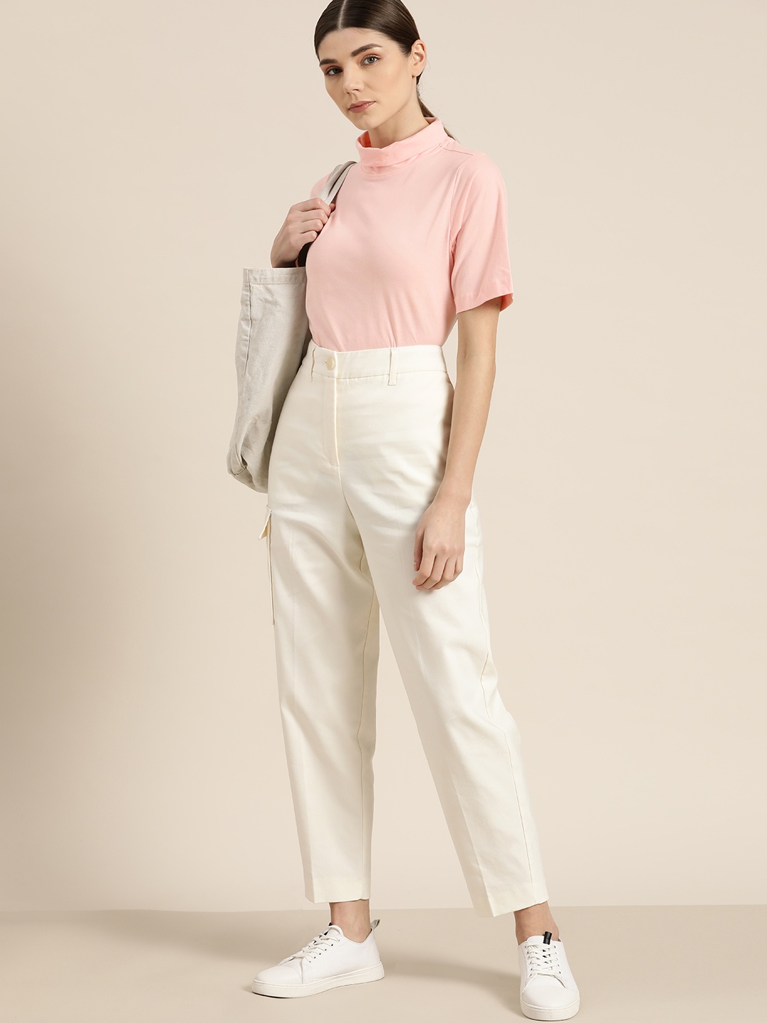 

ether Women Pink Pure Cotton High Neck T-shirt
