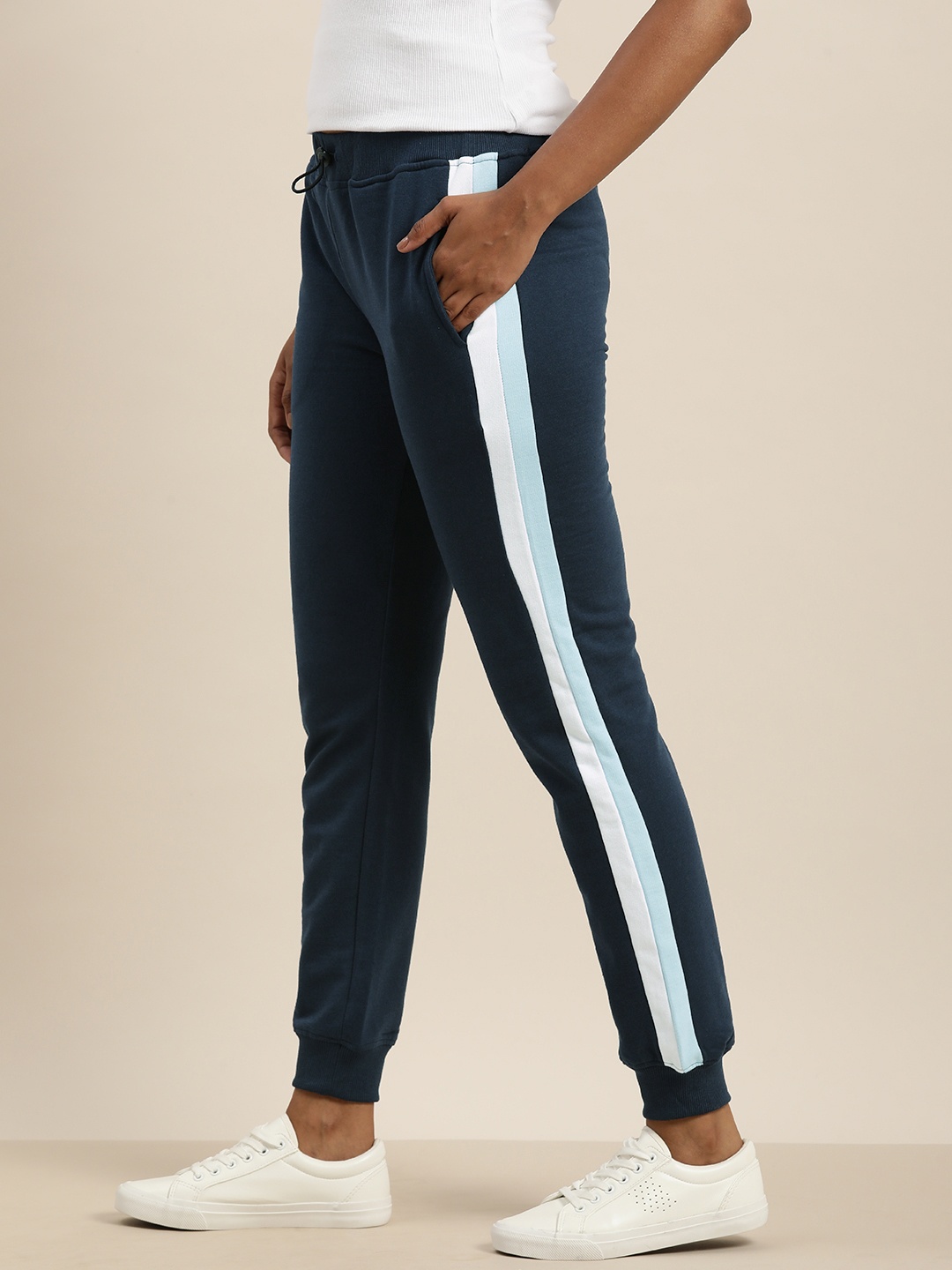 

ether Women Navy Blue & White Colourblocked Joggers