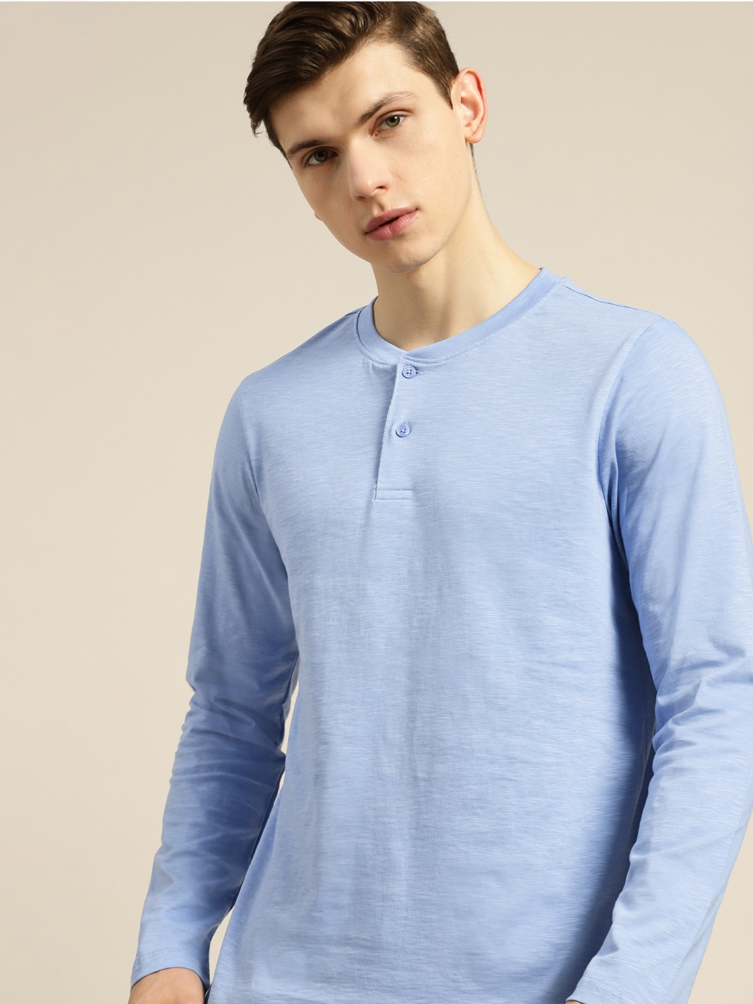 

ether Men Blue Slub Effect Pure Cotton Henley Neck Lounge T-shirt