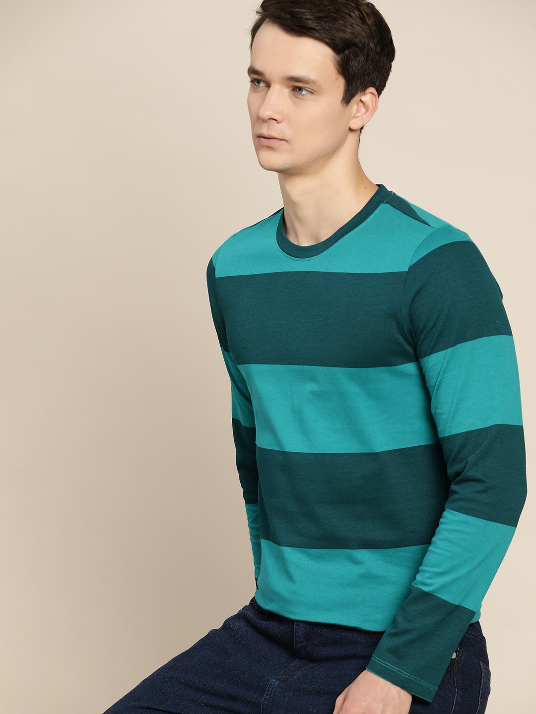 

ether Men Green Striped Pure Cotton T-shirt