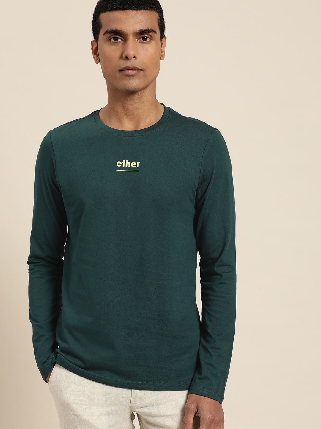 

ether Men Green Brand Logo Printed T-shirt