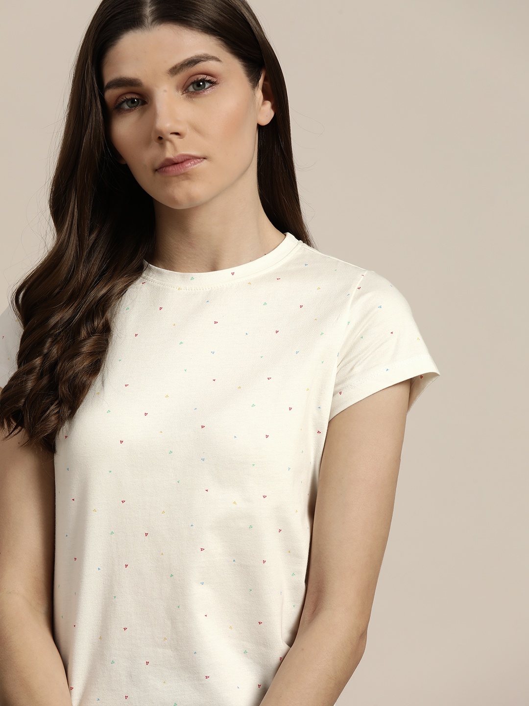 

ether Women White Micro Printed Pure Cotton T-shirt