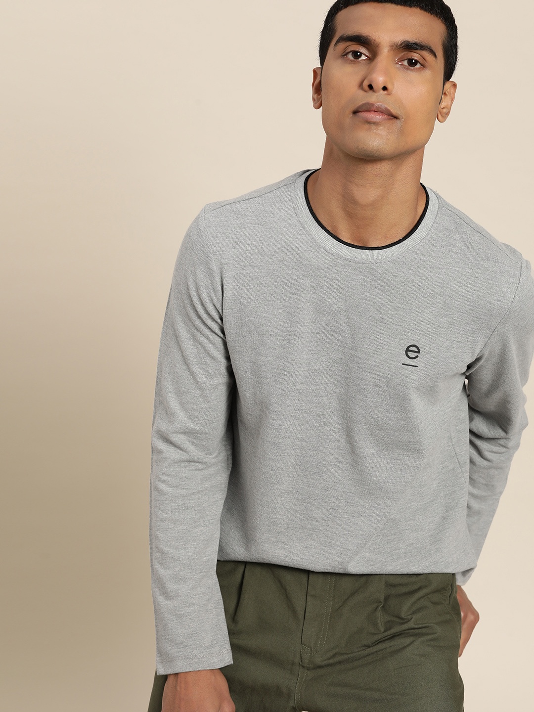 

ether Men Grey Melange Solid T-shirt