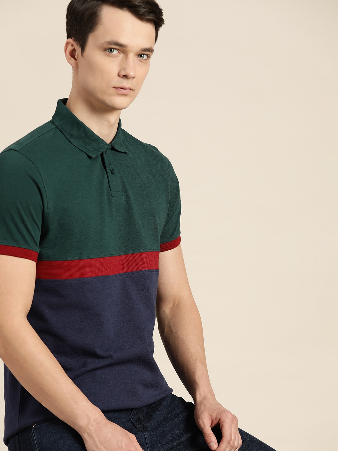 

ether Men Green & Blue Striped Polo Collar Pure Cotton T-shirt