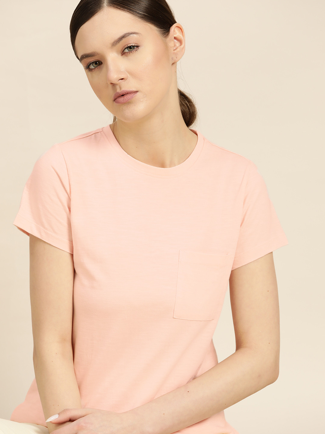 

ether Women Peach-Colored Pure Cotton Slub Effect Round Neck Lounge T-shirt