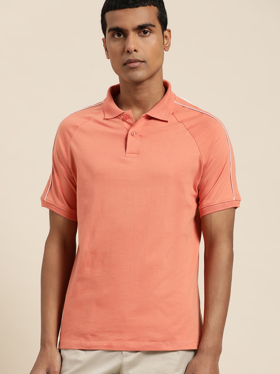

ether Men Peach-Coloured Pure Cotton Solid Polo Collar T-shirt