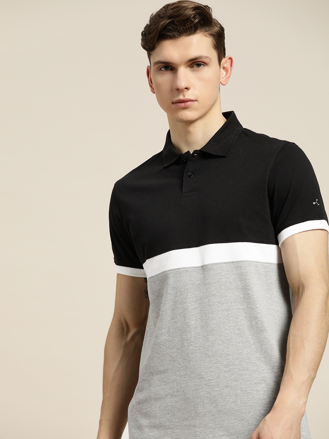 

ether Men Black & White Colourblocked Polo Collar Pure Cotton T-shirt
