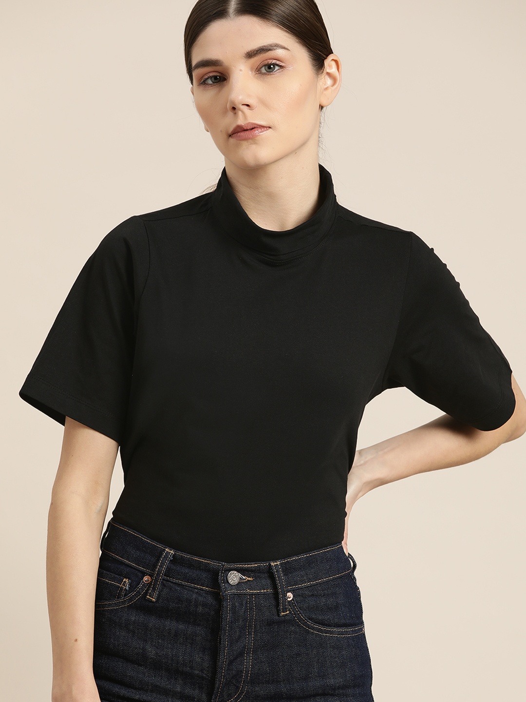

ether Women Black Pure Cotton High Neck T-shirt