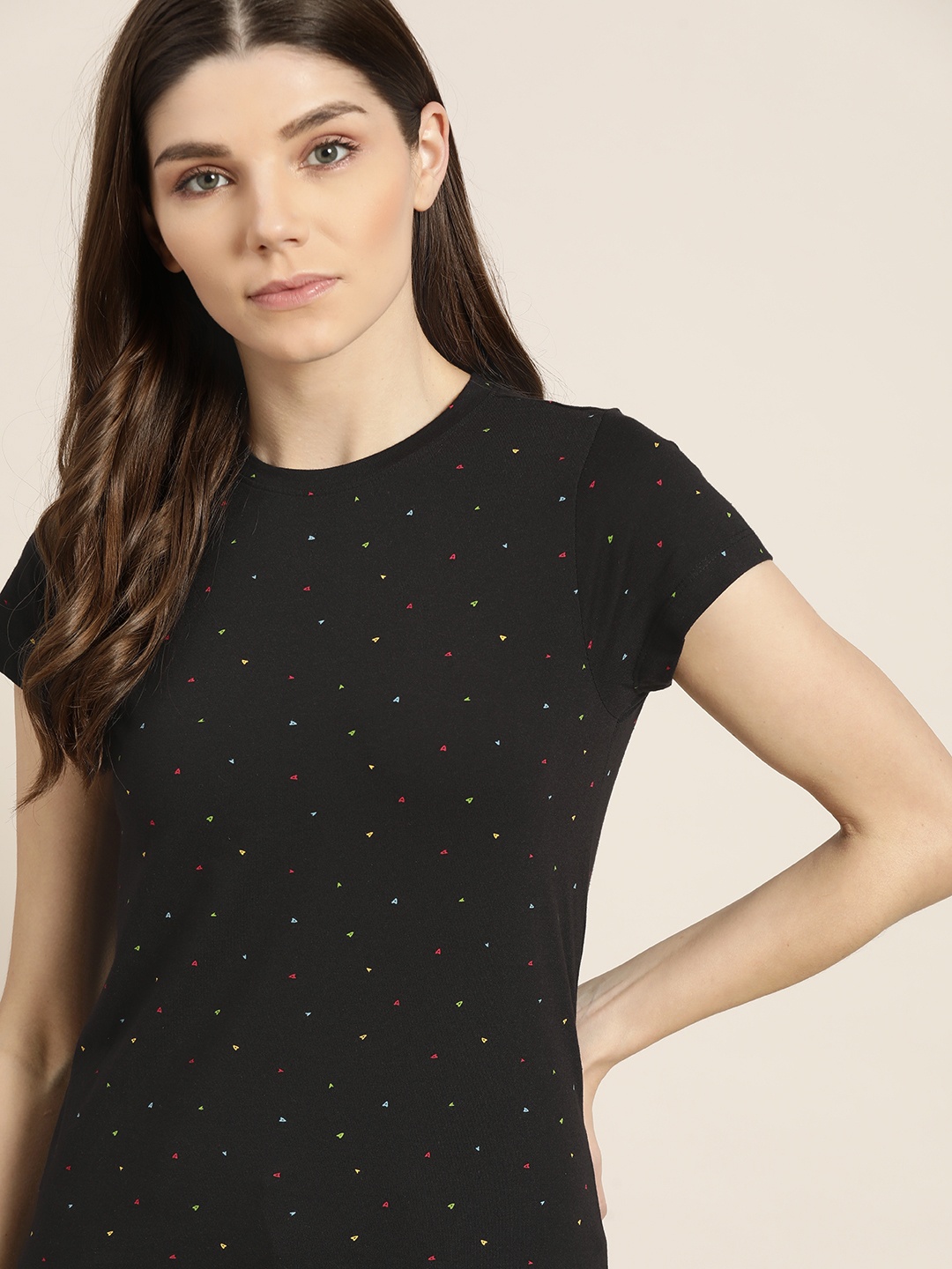 

ether Women Black Micro Printed Pure Cotton T-shirt