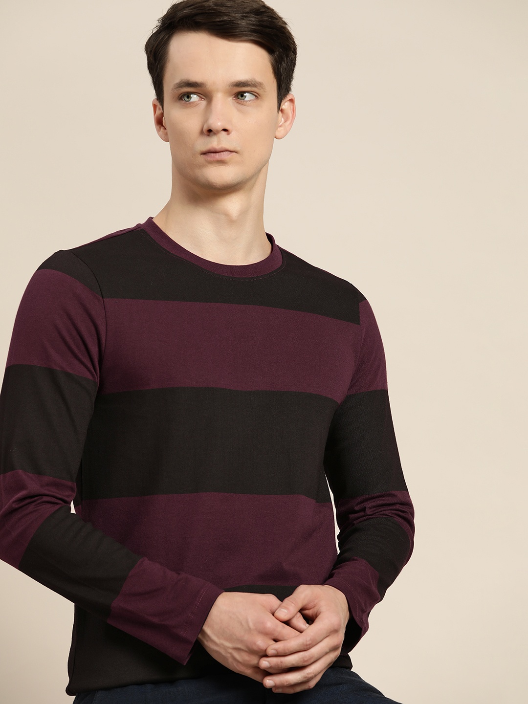 

ether Men Maroon & Brown Striped Pure Cotton T-shirt