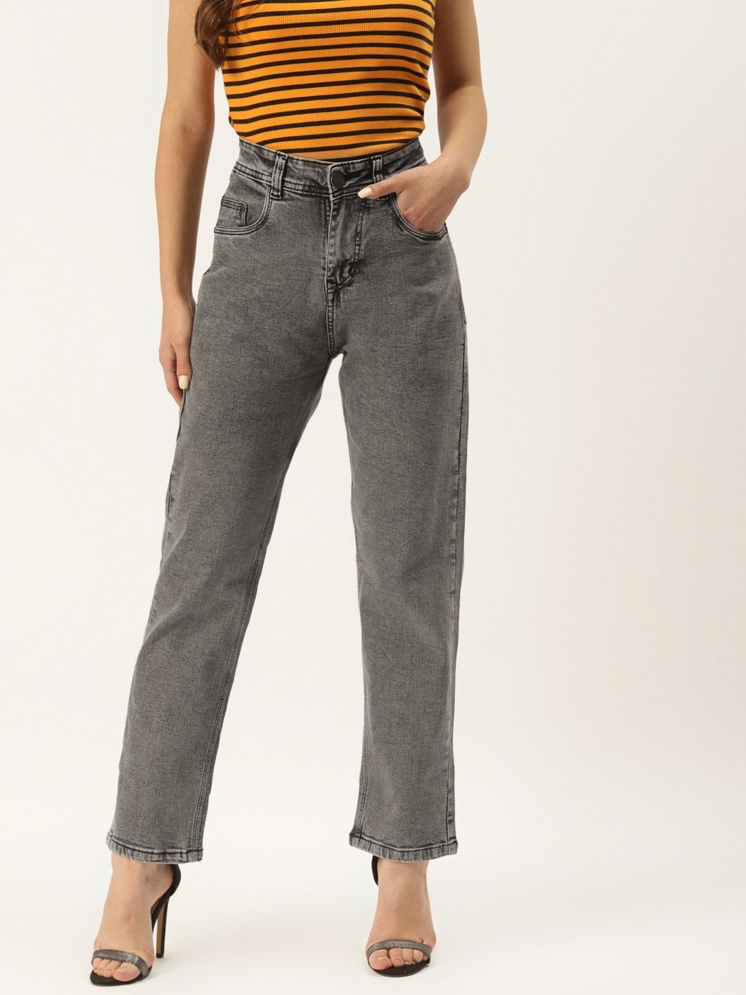 

PARIS HAMILTON Women Charcoal Grey Boyfriend Fit High-Rise Light Fade Stretchable Jeans