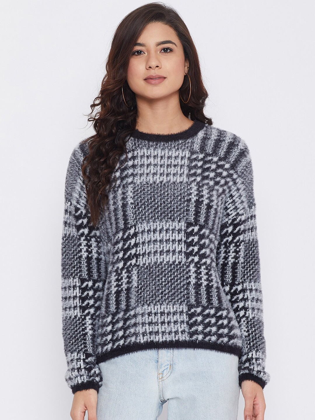 

Madame Women White & Black Checked Woolen Pullover Sweater