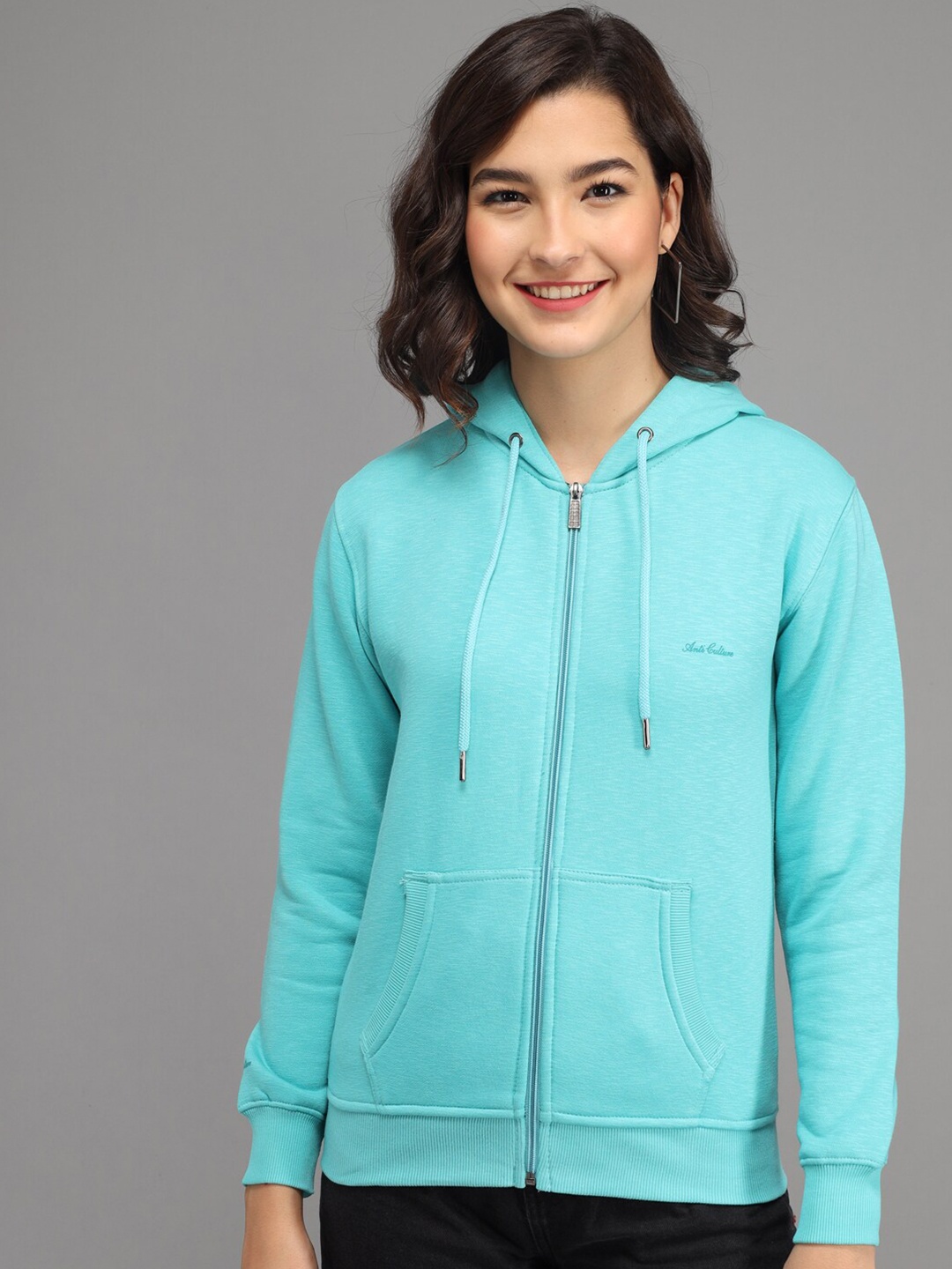 

ANTI CULTURE Women Turquoise Blue Hooded Sweatshirt