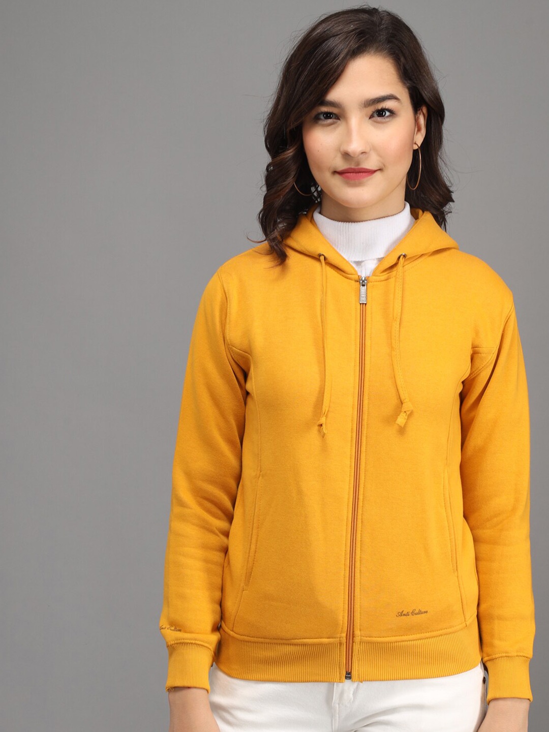 

ANTI CULTURE Women Mustard Yellow Hooded Sweatshirt