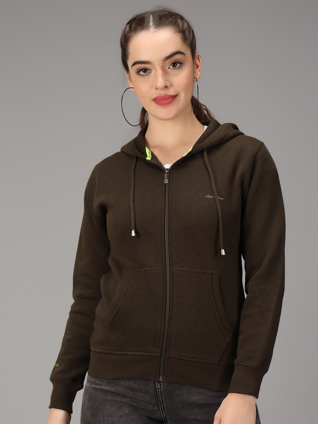 

ANTI CULTURE Women Olive Brown Cotton Hooded Sweatshirt