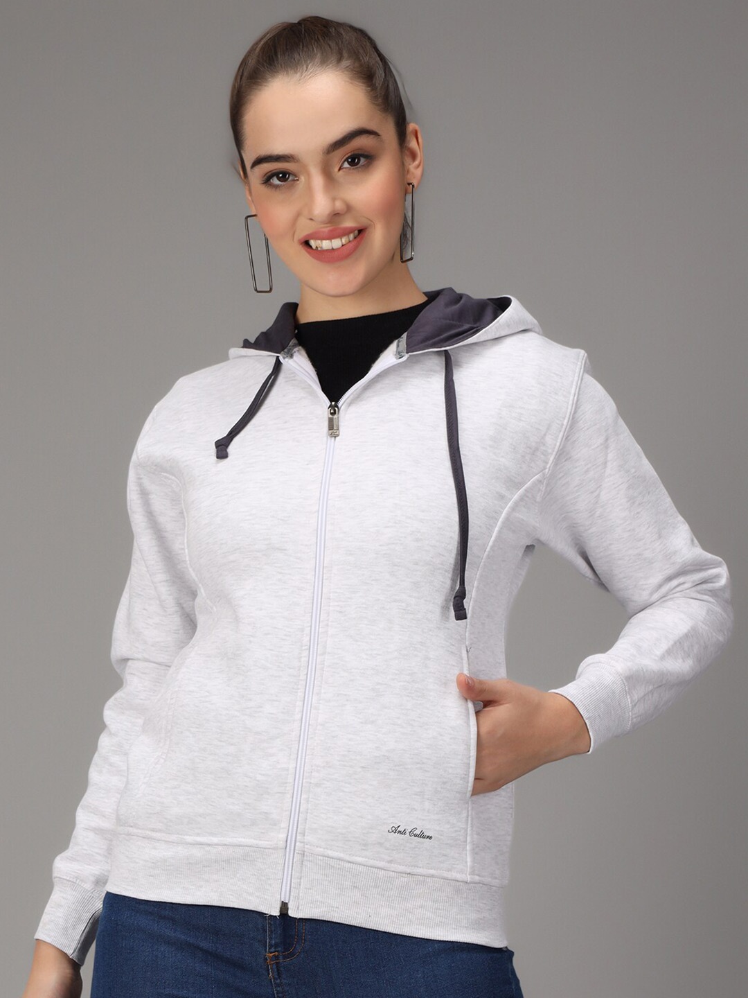 

ANTI CULTURE Women White Front-Open Sweatshirt