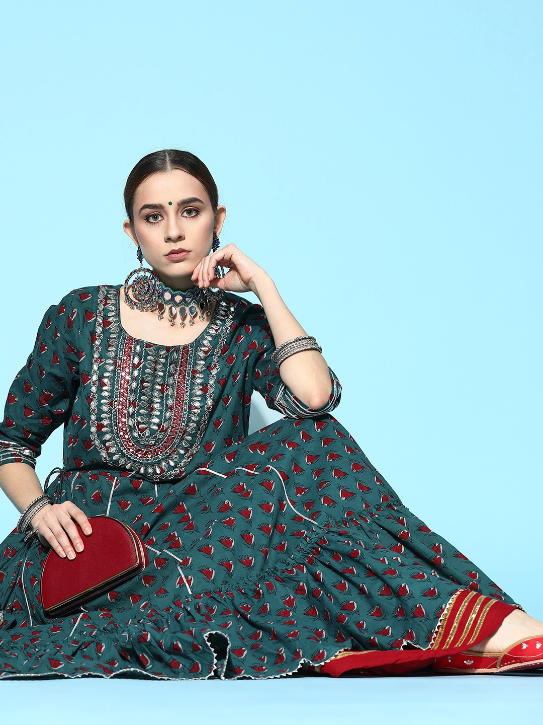 

Ishin Tranquil Teal Cotton Tiered Kurta