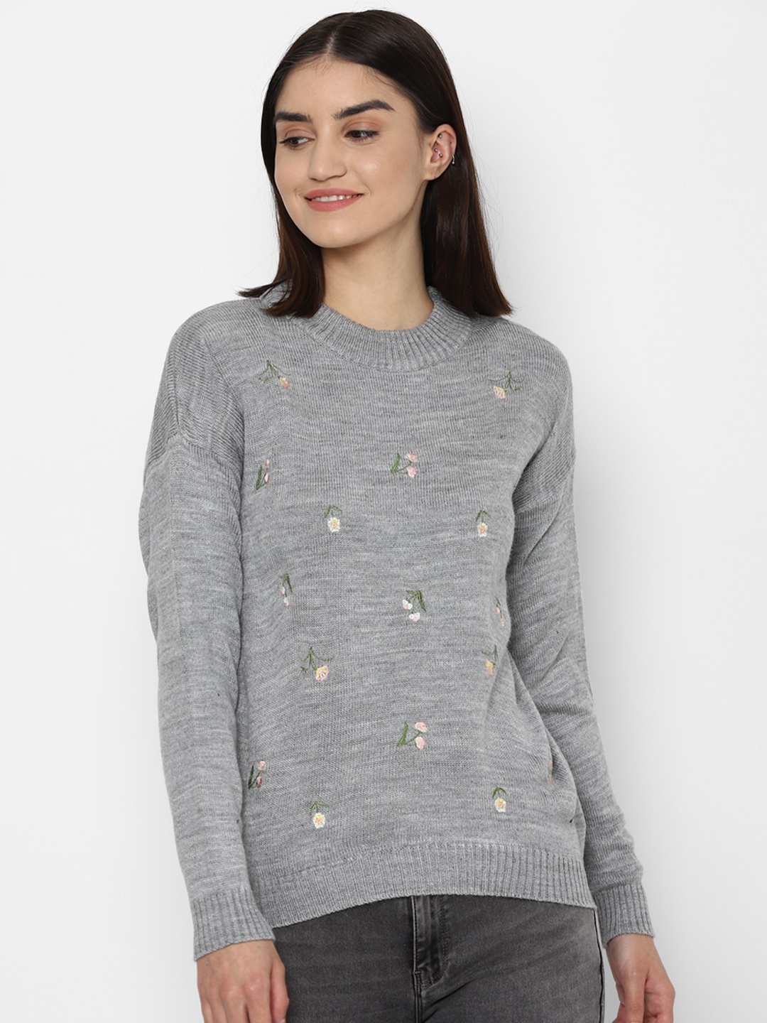 

Allen Solly Woman Women Grey & Pink Embroidered Pullover