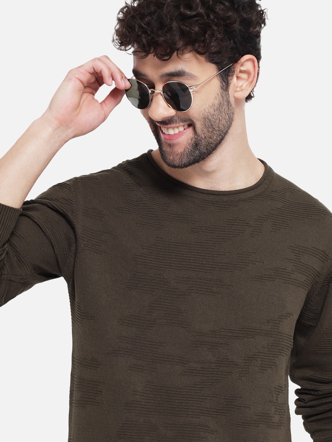 

ARMISTO Men Olive Green Self Design Pure Cotton Pullover