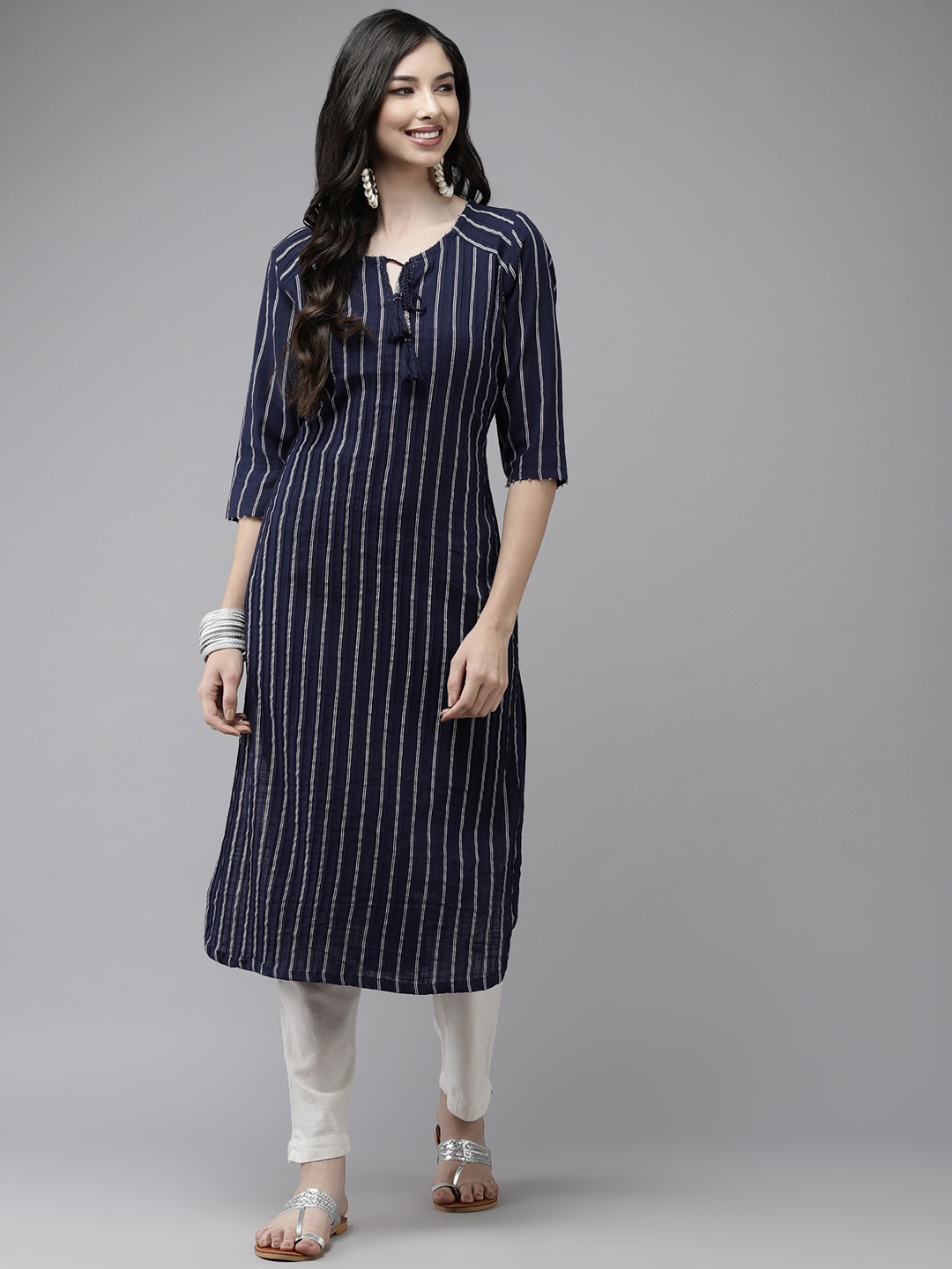 

Ishin Women Navy Blue Striped Indigo Pathani Kurta