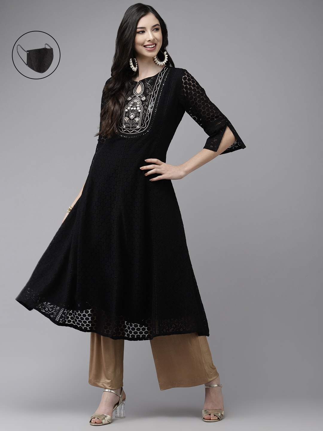 

Ishin Women Black Floral Embroidered Keyhole Neck Floral Anarkali Kurta