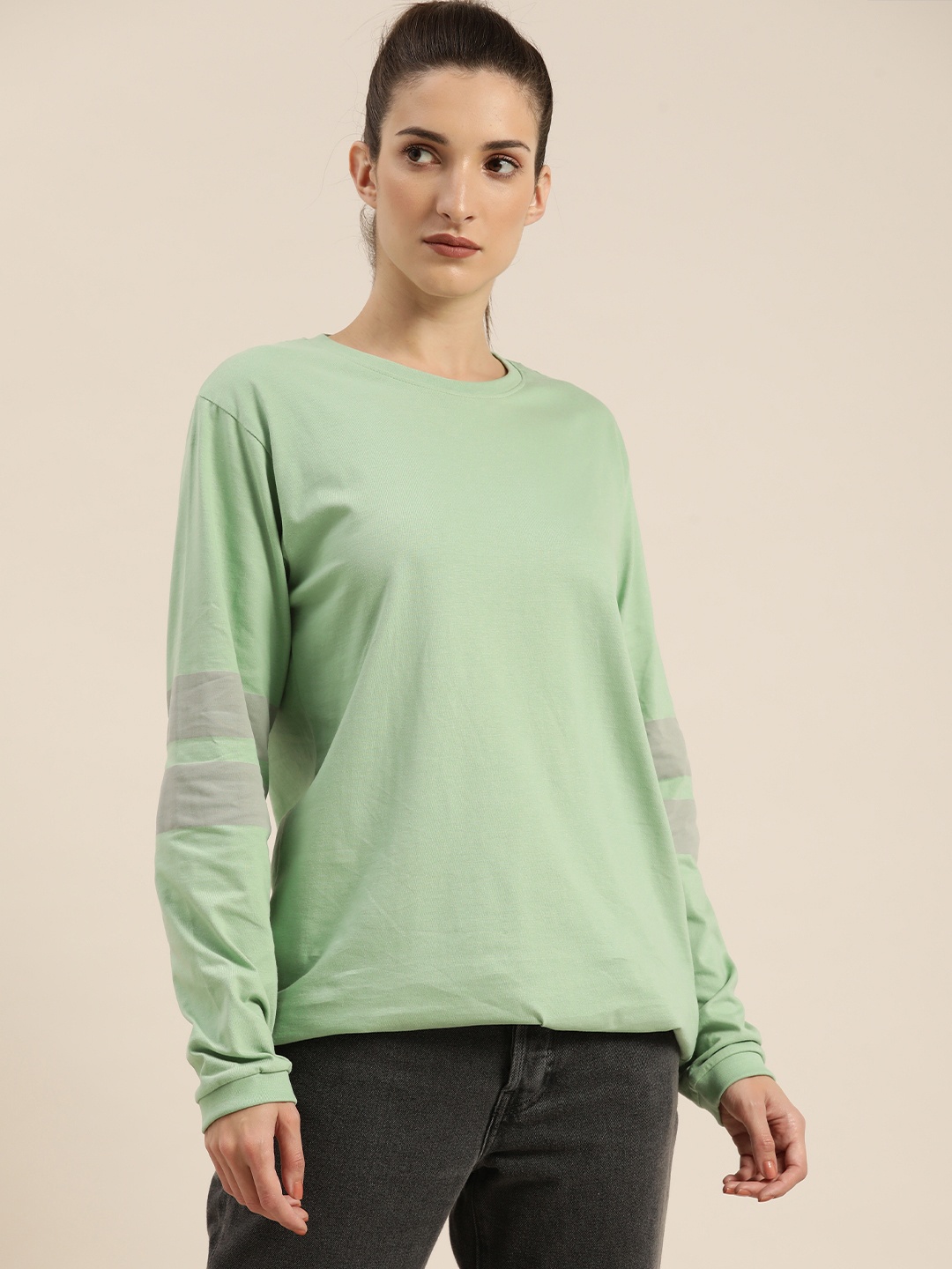 

DILLINGER Women Green Solid Round Neck Drop-Shoulder Sleeves Cotton Loose T-shirt