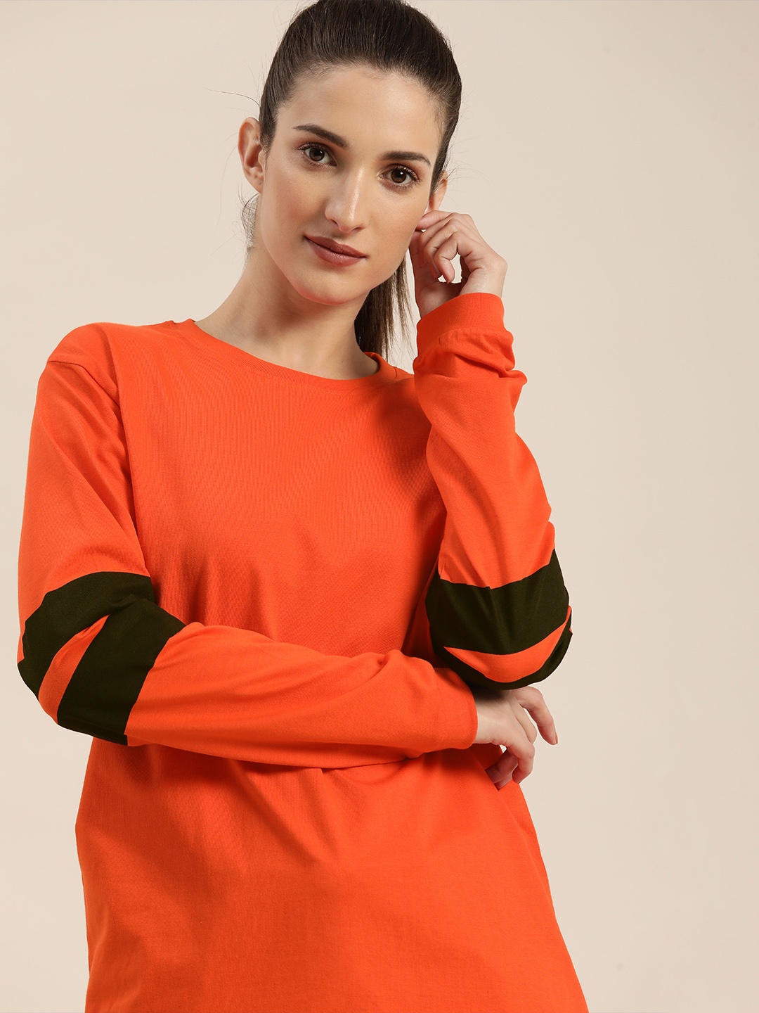 

DILLINGER Women Orange Solid Round Neck Drop-Shoulder Sleeves Cotton Loose T-shirt