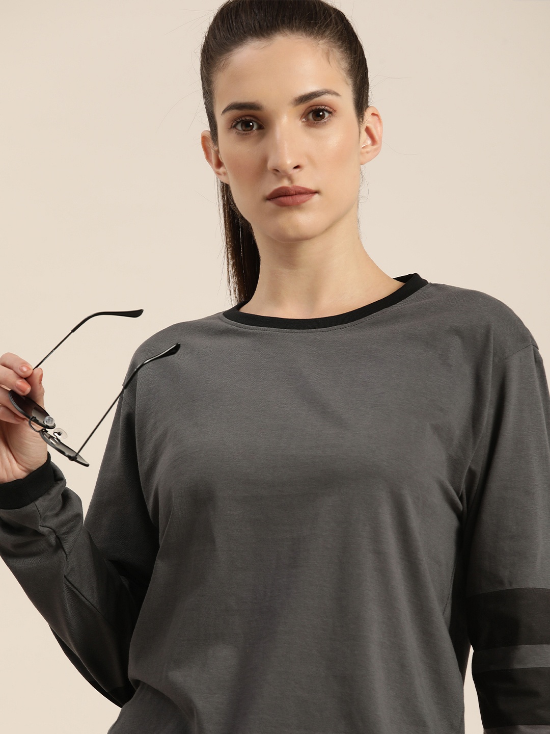 

DILLINGER Women Charcoal Grey Solid Round Neck Drop-Shoulder Sleeves Cotton OversizedT-shirt