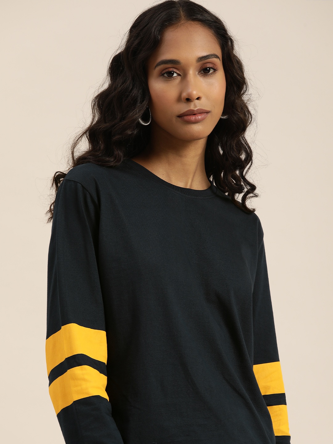 

DILLINGER Women Navy Blue Round Neck Drop-Shoulder Sleeves Cotton Loose T-shirt