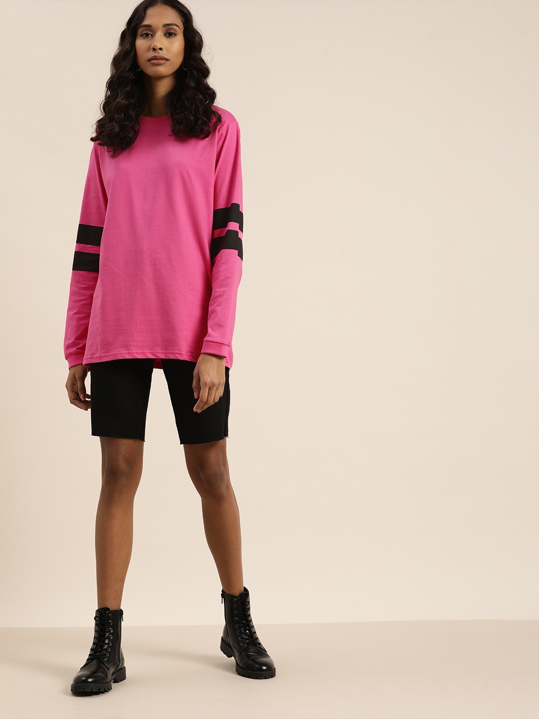 

DILLINGER Women Fuchsia Pink Round Neck Drop-Shoulder Sleeves Cotton Loose T-shirt