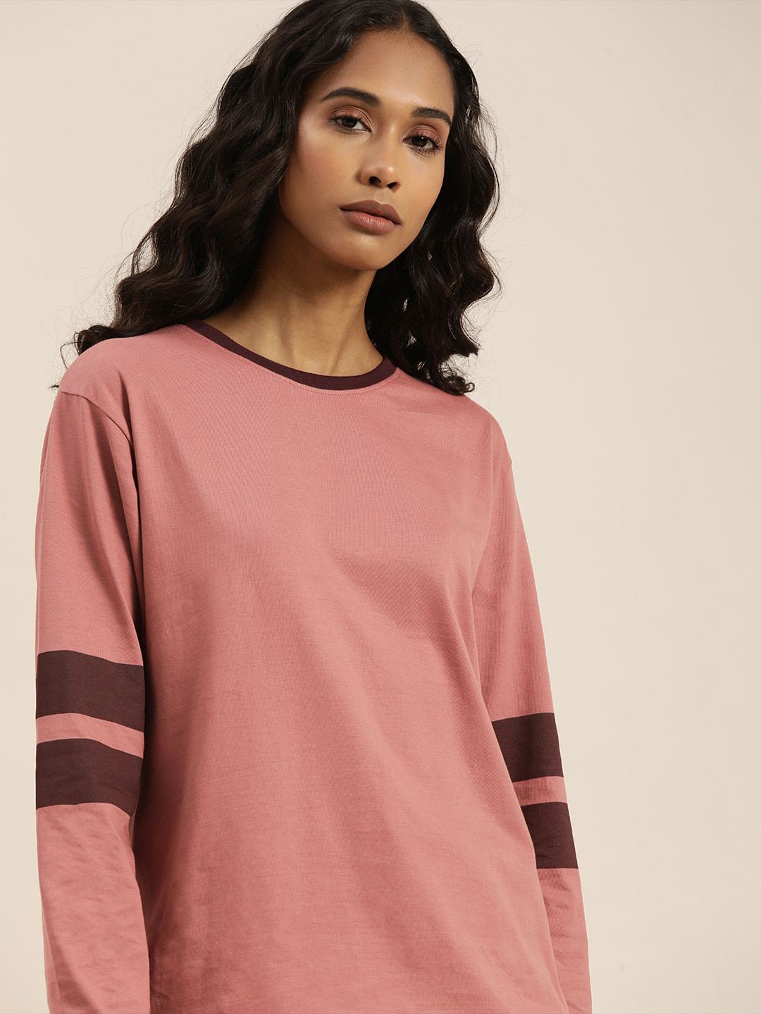 

DILLINGER Women Pink Solid Round Neck Drop-Shoulder Sleeves Cotton Loose T-shirt