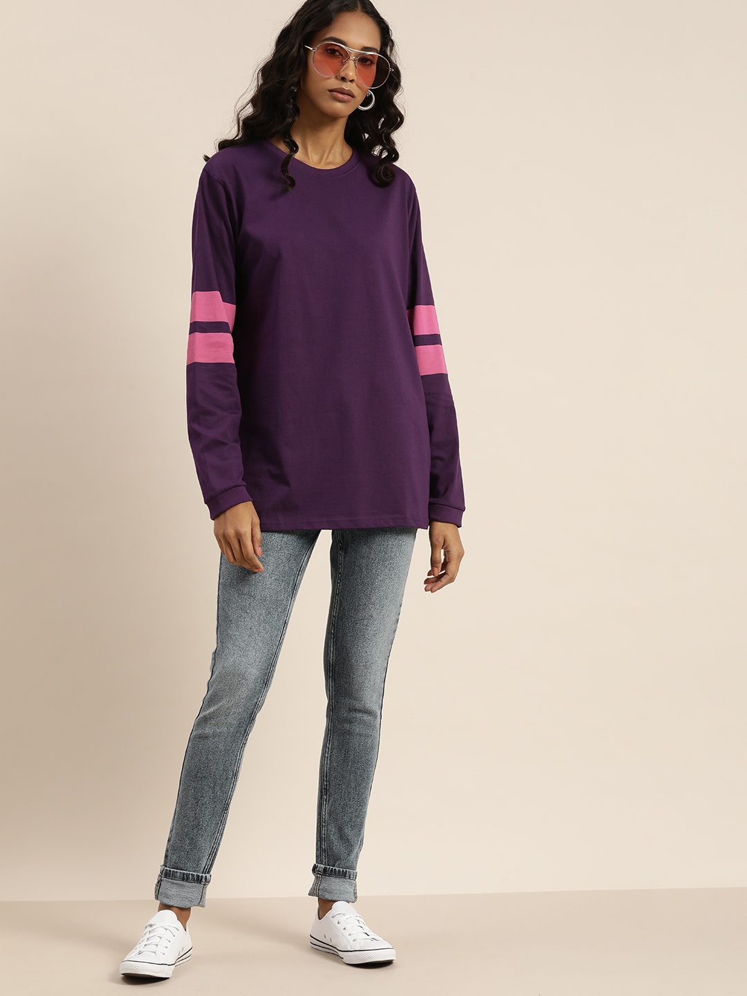 

DILLINGER Women Purple Round Neck Drop-Shoulder Sleeves Cotton Loose T-shirt