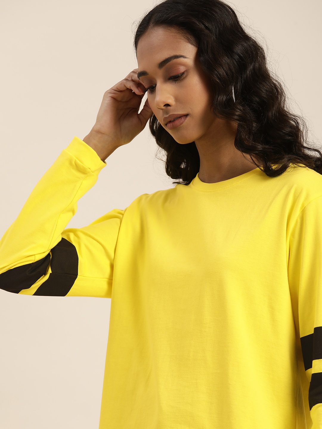 

DILLINGER Women Yellow Solid Round Neck Drop-Shoulder Sleeves Cotton Loose T-shirt