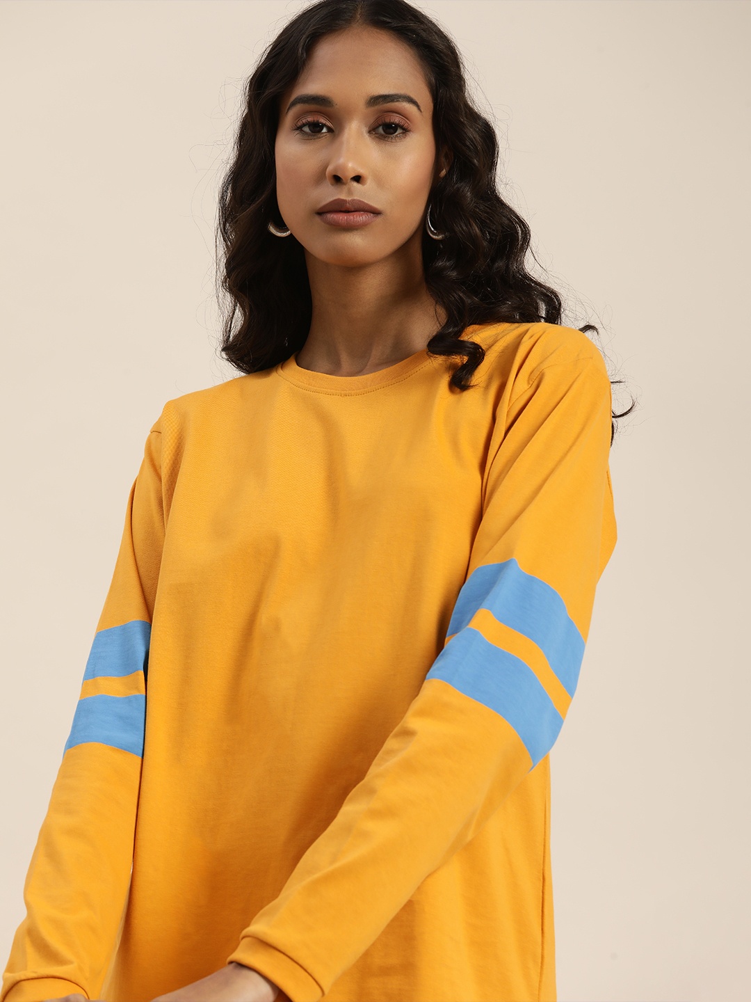 

DILLINGER Women Mustard Yellow Round Neck Drop-Shoulder Sleeves Cotton Loose T-shirt