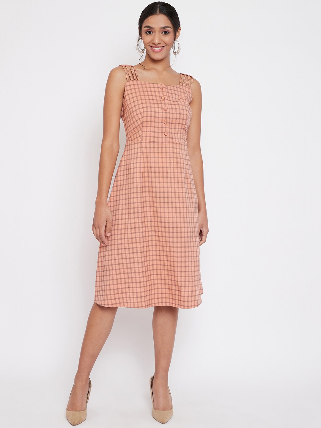 

Madame Peach-Coloured Checked Dress