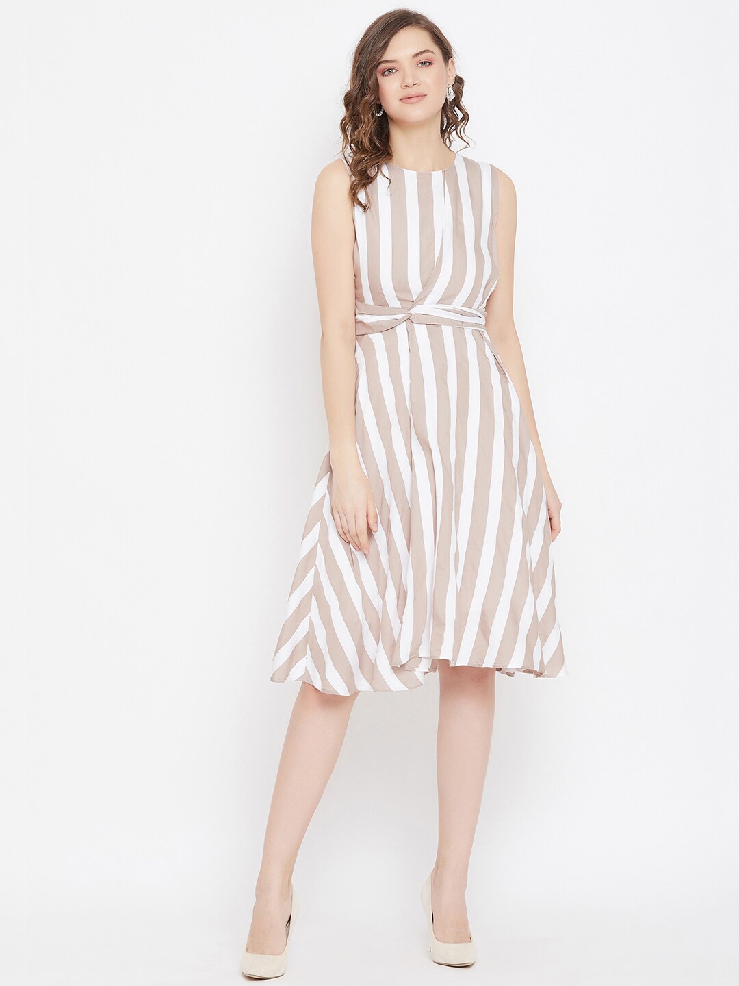 

Madame Women Beige & White Striped Dress