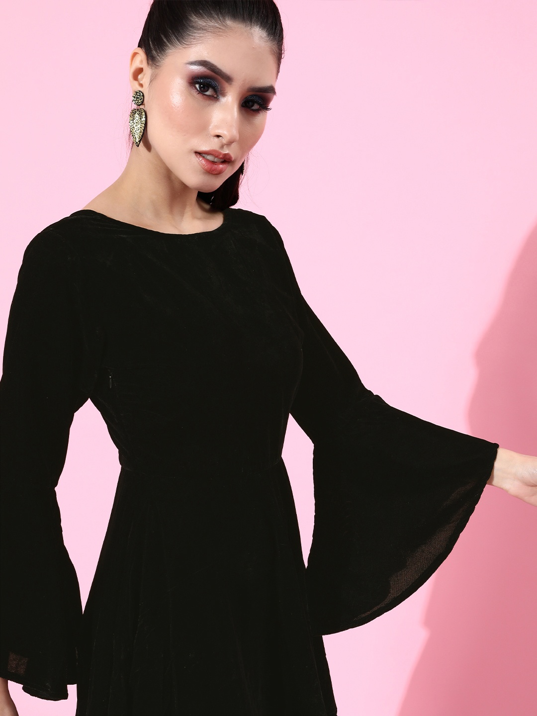 

SCORPIUS Women Stylish Black Solid Bell Sleeves Dress