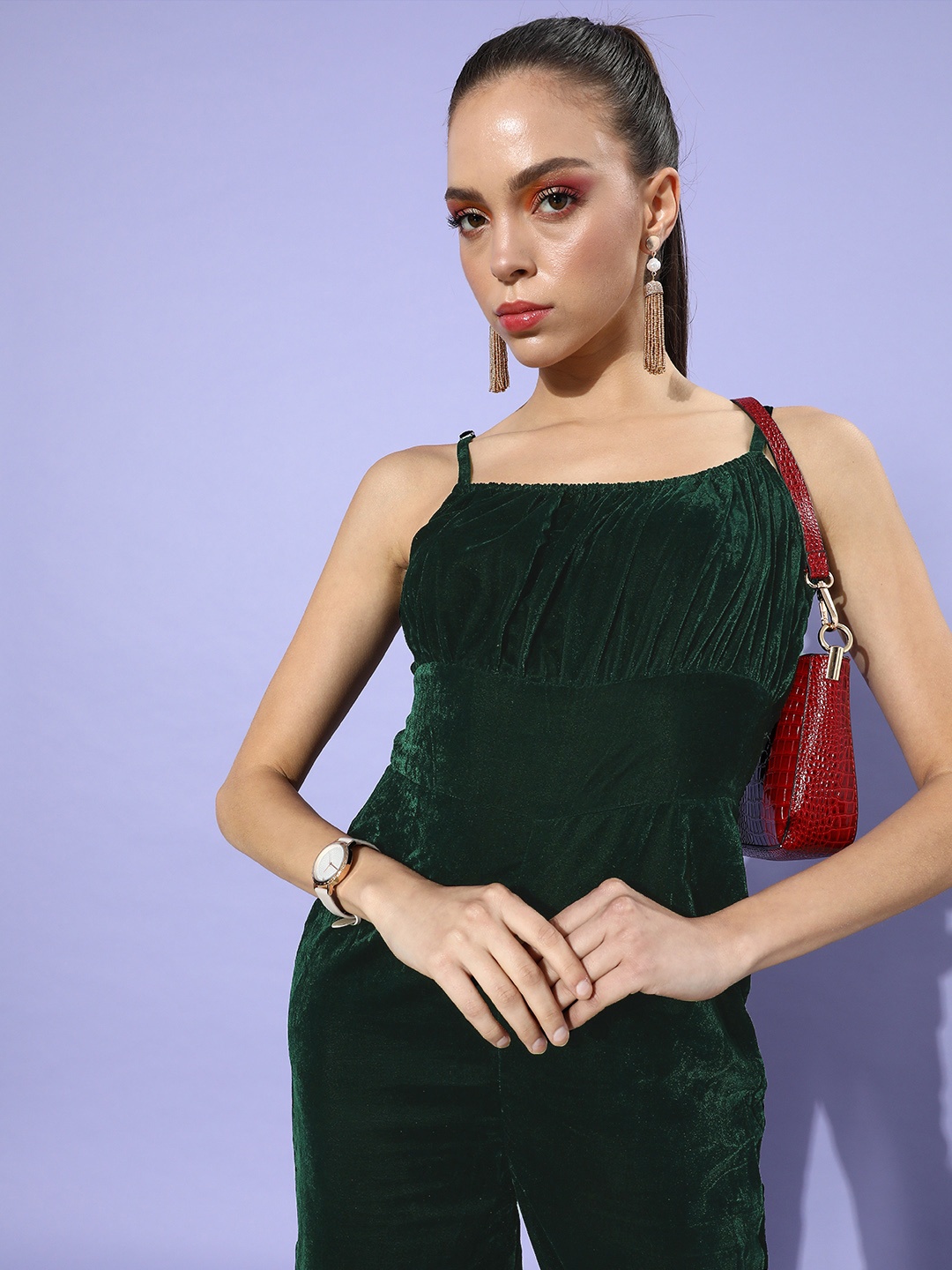 

SCORPIUS Women Gorgeous Green Solid Velvet Jumpsuit