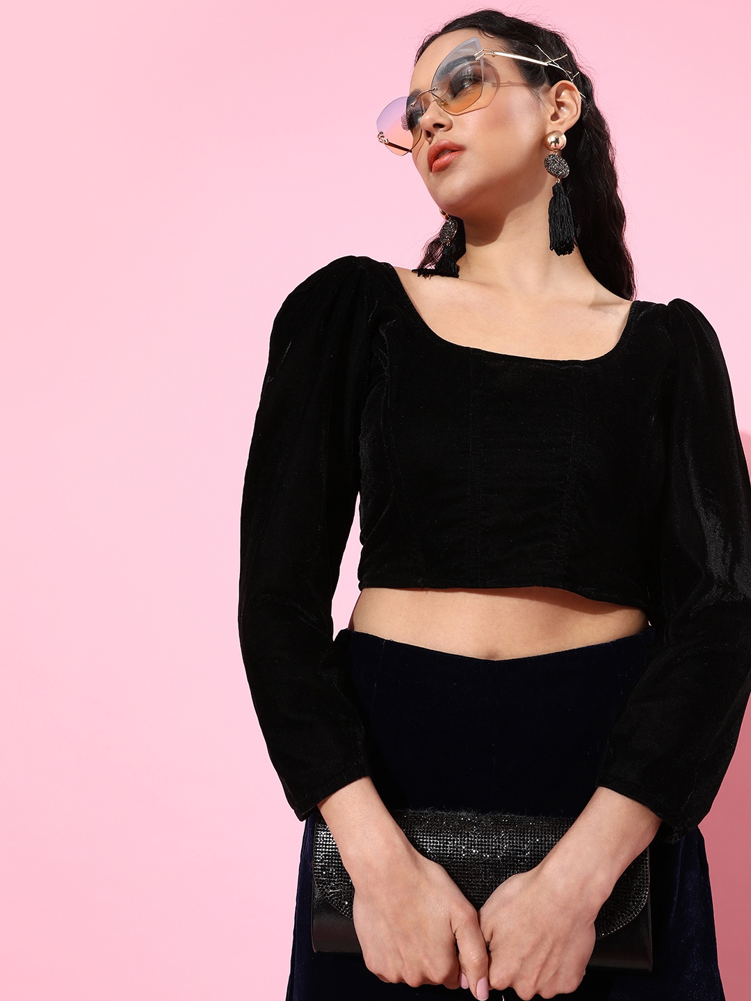 

SCORPIUS Women Black Solid Velvet Top