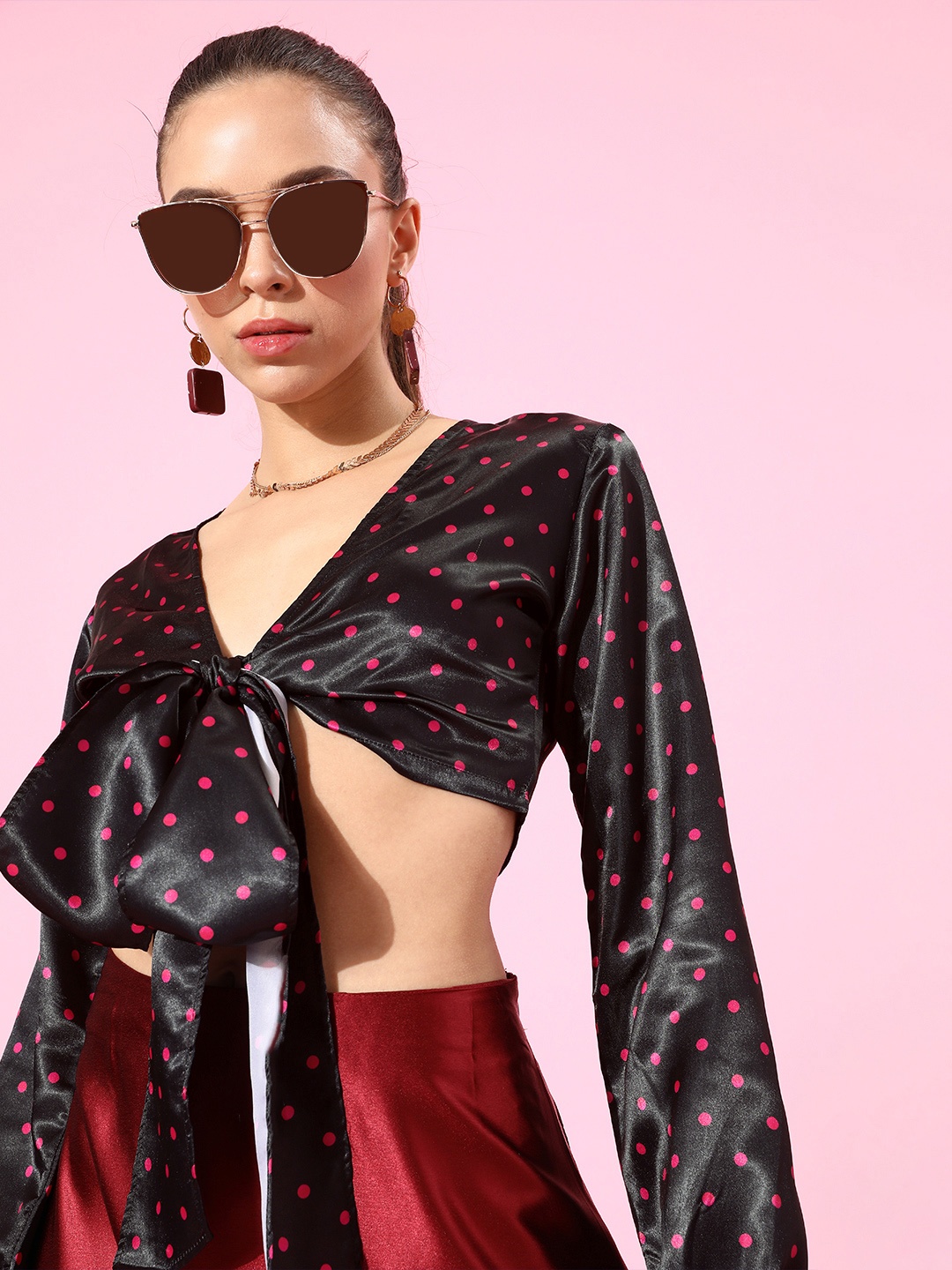 

SCORPIUS Women Stylish Black Polka Dotted Satin Top