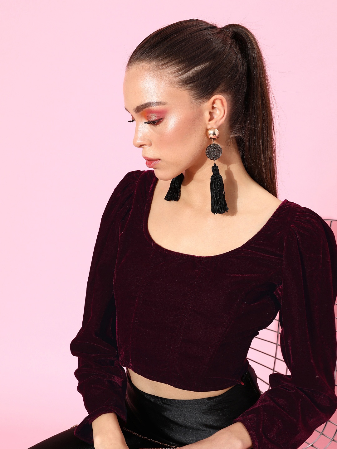 

SCORPIUS Women Maroon Solid Velvet Top