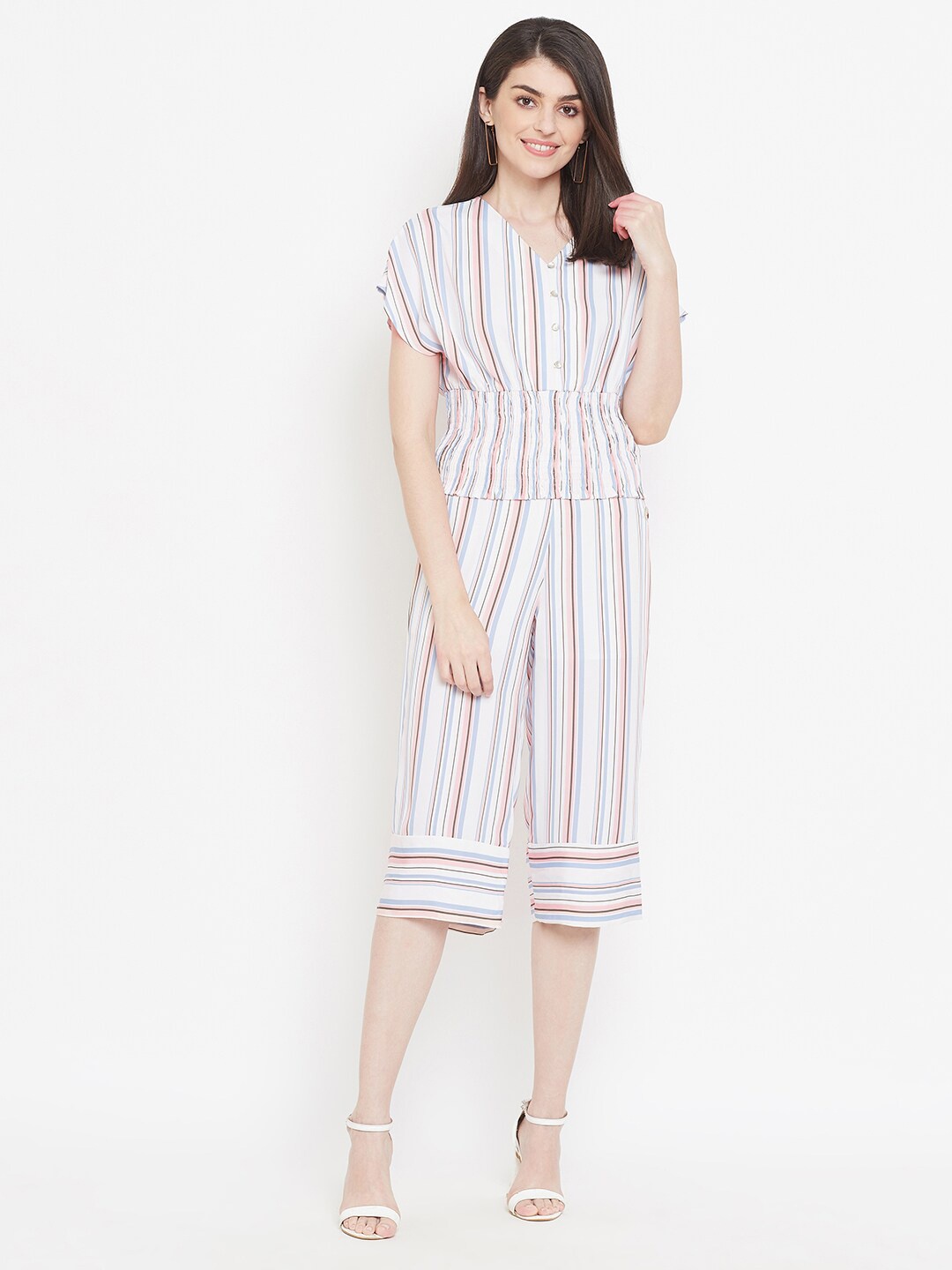 

Madame Women Beige Striped Cropped Palazzos