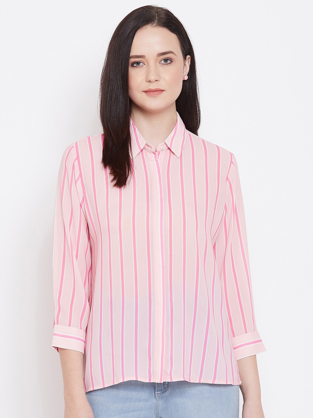 

Madame Women Pink Opaque Striped Casual Shirt