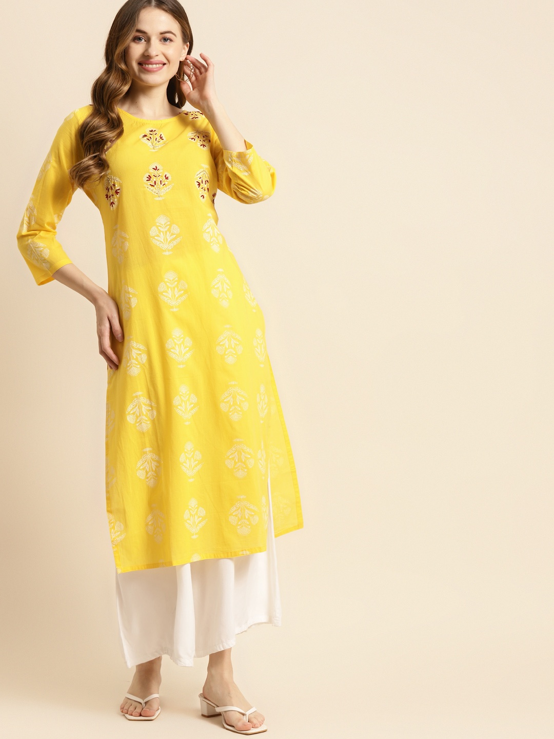 

Prakrti Women Yellow & Red Pure Cotton Floral Printed & Embroidered Kurta