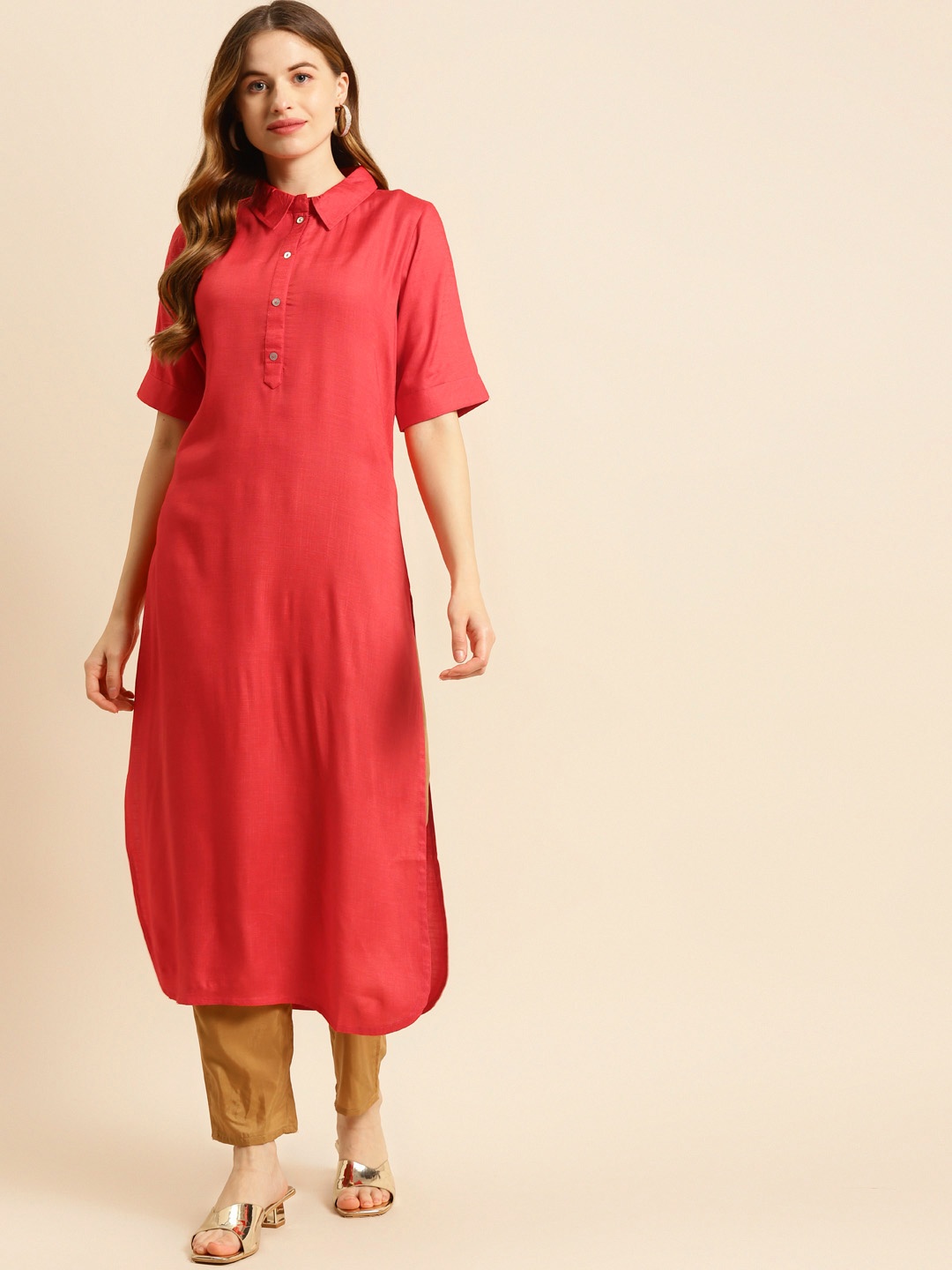 

Prakrti Women Coral Solid Shirt Collar Pathani Kurta