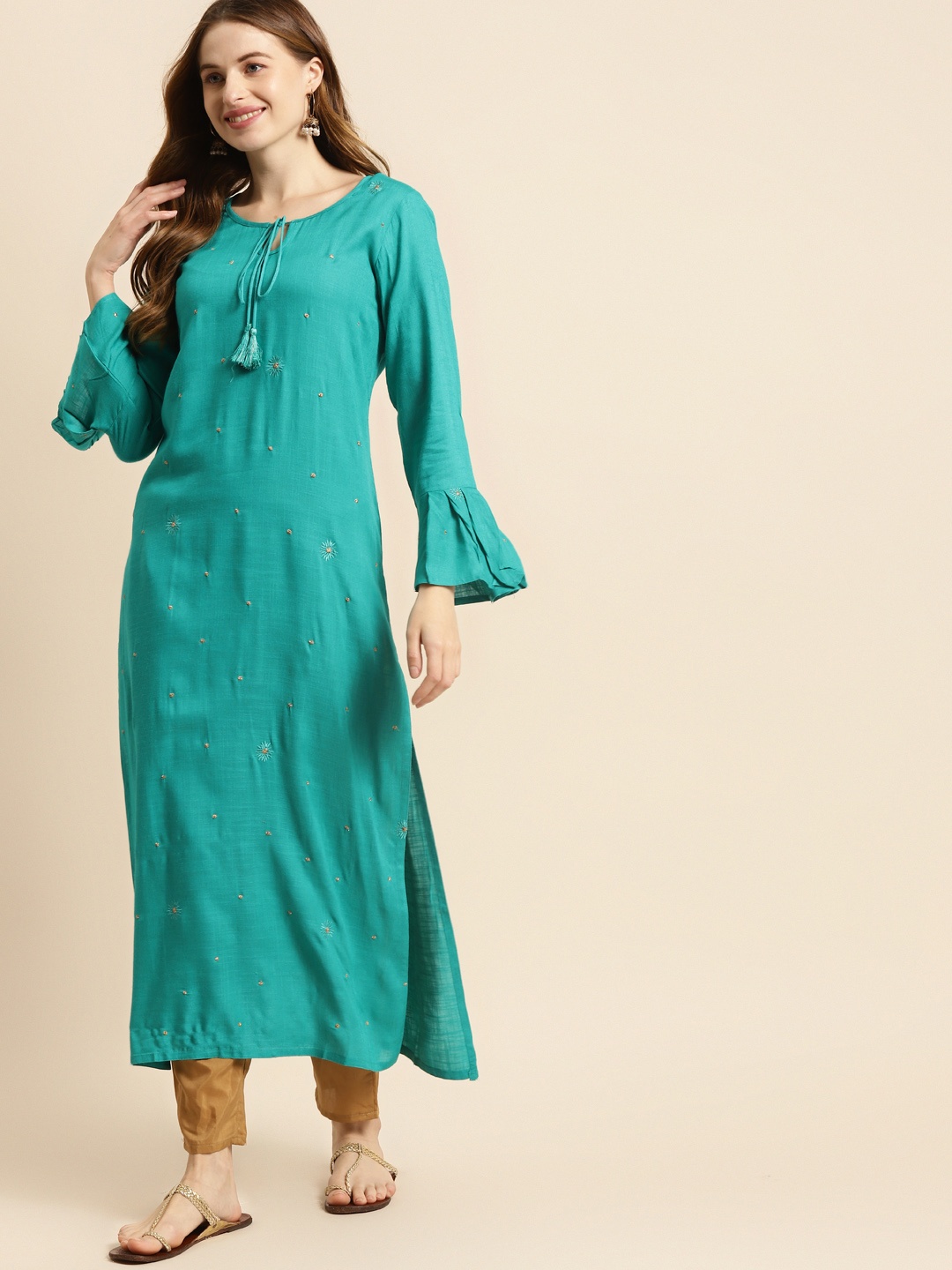 

Prakrti Women Turquoise Blue Solid Bell Sleeves Kurta