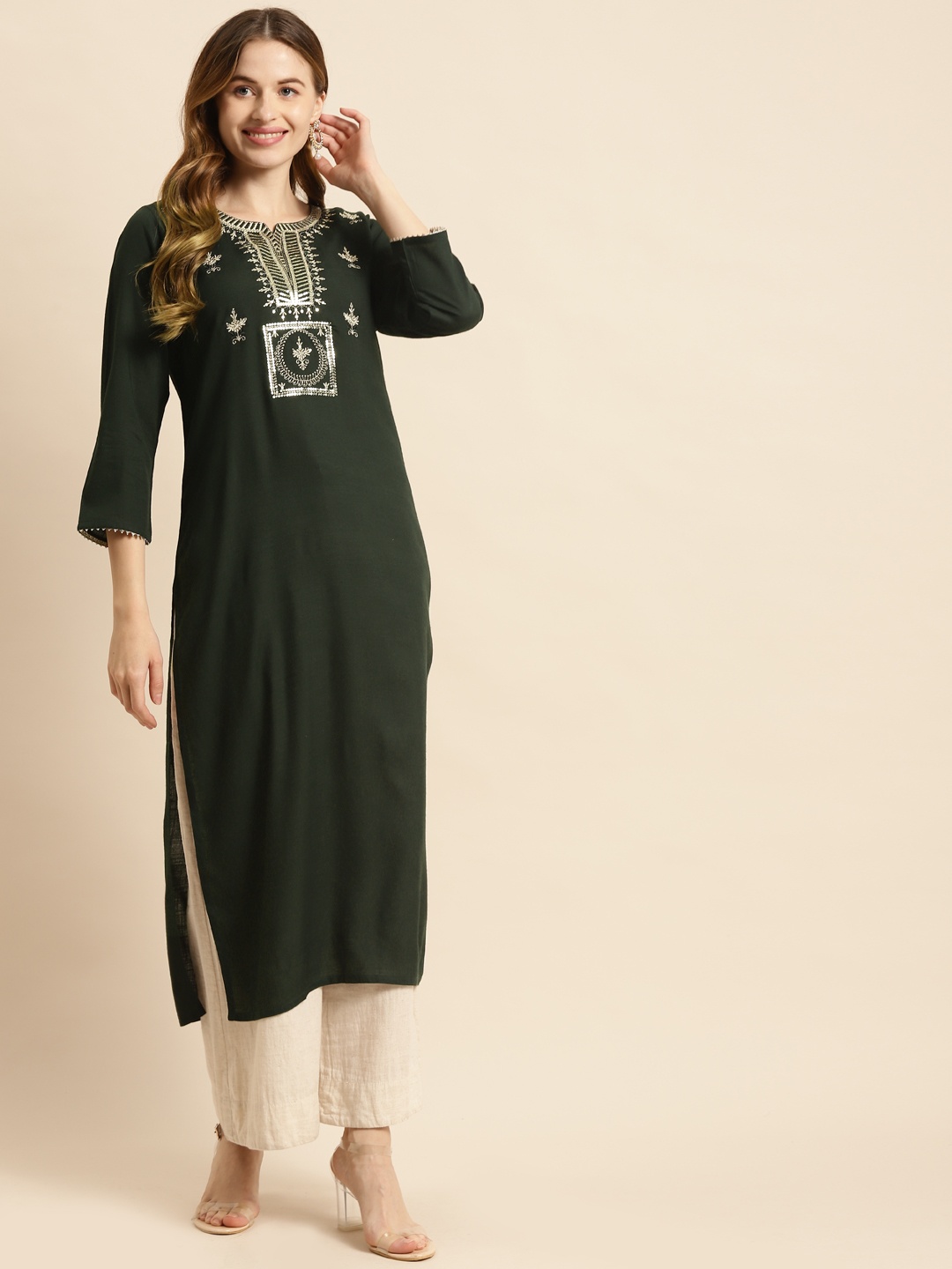 

Prakrti Women Green & White Ethnic Motifs Embroidered Kurta